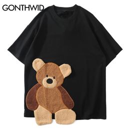 GONTHWID Harajuku Creative Embroidery Bear Colour Block Patchwork Tees Shirts Streetwear Hip Hop Casual Short Sleeve Tshirts 210409