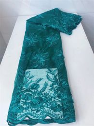 5Yards/Lot Beautiful Teal Jacquard French Net Lace Fabric Flower Embroidery Match Beads African Mesh Material For Dressing QN7