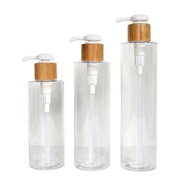 Plastic PET Transparent Bottle Circular Column Shape Bamboo Wooden Colar Press Pump Empty Cosmetic Refillable Packaging Container 200ml 250ml 300ml