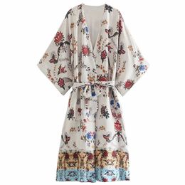 Floral Print Contrast Hem Casual Beach Wear Mid Length Kimono Shirts Summer Fashion Self-Belted Women Long Blouses 210604