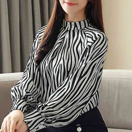 Blouses Woman Fashion Casual Black White Striped Chiffon Blouse Long Sleeve Stand Collar Women Shirts Blusa Feminina C44 210426