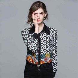 Women Long Sleeve Black Blouses Office Vintage camisas feminina Geometric Floral Prints Patches Casual Shirts ladies tops 210603