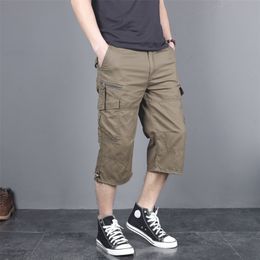 Men's Summer Breeches Long Shorts with Pockets Military Zipper Cargo Tactical Bridges Short for Men Army Green Khaki 210713