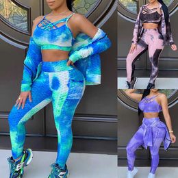 Wholesale 2020 Autumn New Tie-dye Printing Three Piece Sets Tracksuit Women Joggers Fitness Women Set Y0625