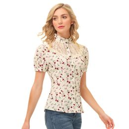 Women's Blouses & Shirts Women Gothic Lace Decorated Shirt Short Sleeve Stand Collar Curved Hem Tops Ruffled Blouse Fit Punk Summer Ladies