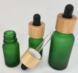 Frosted Amber green Glass Dropper Bottle 5ml 10ml 15ml 30ml 50ml 100ml with Bamboo Cap 1oz Wooden Essential Oil Bottles