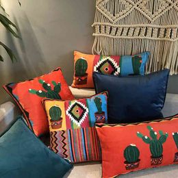 DUNXDECO Cushion Cover Decorative Pillow Case Mexico Style Passion Red Ground Cactus Print Soft Chenille Art Room Sofa Coussin 210401