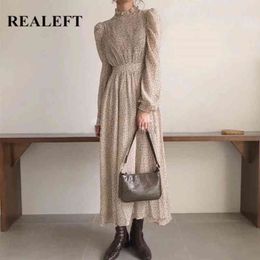 Summer Vintage Stand Collar Ruched Sleeve Women A-line Dresses Floral Print Elastic Waist Female Beach Dress 210428