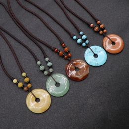 Retro Chakra Stone Pendant Necklace Buckle Donut Coin Charms Reiki Healing Natural Agates Quartz Opal Choker Necklaces Women