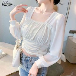 Square Collar Casual Shirts Pleated Sexy White Office Blouse Shirt Women Lantern Sleeve Ladies Tops Tunic Blouses 13265 210521