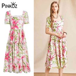 runway designer style pink lily flower printed midi A-line women dress summer holiday chic robe boho beach sweet 2XL 210421