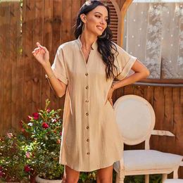 Casual Loose Button Up Summer Dress Shirt Women Female Office Work Mini Beach Boho for Oversized 210427