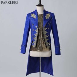 Men's Gold Embroidered Steampunk Victorian Tailcoat Jacket Party Medieval Cosply Prom Costume Vintage Royal Blue Tuxedo Coats 210522