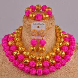 Earrings & Necklace Fuchsia Pink Costume African Beads Jewellery Set Simulated Pearl Nigerian Wedding FZZ65