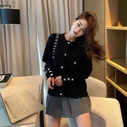 autumn long-sleeved jacket women's top loose Korean knit sweater hollow cardigans solid o neck 210427
