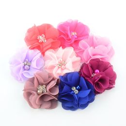 2022 27colors Chiffon Flowers With Pearl Rhinestone Centre Artificial Flower Fabric Flowers Children Hair Accessories Baby Headbands Flower