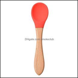 Flatware Kitchen, Dining Bar Home & Gardeby Feeding Wooden Handle Sile Spoon Baby Food Anti-Scald And Fall Resistance Training Spoons E4 Dro