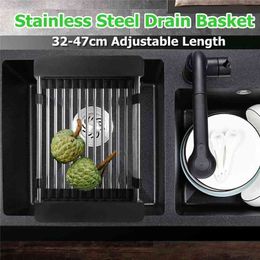 Stainless Steel Adjustable Telescopic Kitchen Over Sink Dish Drying Rack Insert Storage Organiser Fruit Vegetable Tray Drainer 210902