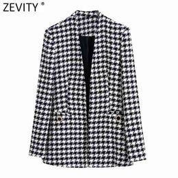 Zevity Donna Vintage Pied de poule Plaid Stampa Cuciture aperte Tweed Cappotto di lana Donna Chic Capispalla Slim Giacche Top CT781 211118