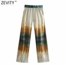 Zevity Women Vintage Color Match Tie Dyed Print Casual Straight Pants Femme Chic Elastic Waist Pocket Summer Long Trousers P1136 210915