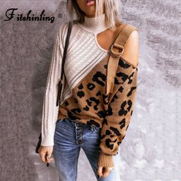 Fitshinling Eine Schulter Vintage Pullover Frauen Kleidung Leopard Patchwork Slim Mode Jumper Herbst Gestrickte Pullover Verkauf 210922