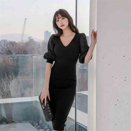 Black Office korean ladies summer half Sleeve V neck Sexy formal Party tight Dress for women china clothing 210602