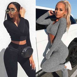 Sexy V Neck Knitted Tracksuit Two Piece Set Autumn Winter Long Sleeves Crop Tops And Long Tight Pants 2 Piece Outfits For Women 210507
