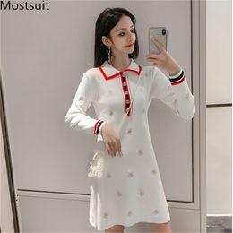 Knitted Vintage Bees Embroidery Dress Women Spring Autumn Elegant Long Sleeve Turn-down Collar A-line Mini Dresses Vestido Mujer 210513