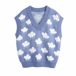 Sweet V Neck Vintage Cloud Pattern Sweater Vest Women Sleeveless Knitted Crop Sweaters Casual Autumn Preppy Style 210520