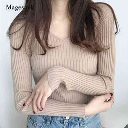 Autumn Winter Fashion V-neck Sweater Women Knit Slim Warm Sexy Pullover Solid Long Sleeve Clothes Blusas 10308 210518