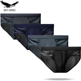 4Pcs/Lot Mesh Underwear Men Briefs Cuecas Sexy Man Panties for Male Underpants Brief Ice Silk Pouch Plus Size L XL XXL XXXL 4XL 210707