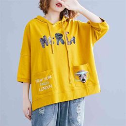 Summer Korea Fashion Women Short Sleeve Loose Hooded Tshirt All-matched Casual Print Tee Shirt Femme Cotton Tops S865 210512