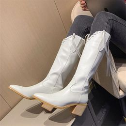 Boots Vintage Genuine Leather Shoes Women Tassel Pointed Toe Thick Heel Riding Cowboy Knee High Braided Rope Outdoor