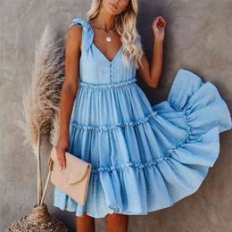Ruffle A-line Casual Sleeveless Blue Summer Dress for Women Button Lace Up Strap Midi Sundress Yellow Beach 210427