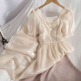 Korean buttoned square neck bubble sleeve pure Colour elegant dress summer fashion bright A-line long A-Line vestido 210420