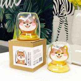 Shiba Inu Cup Cute Heat-resistant Double Glass of Borosilicate Green Breakfast Milk Pet Children's 220ml 210804