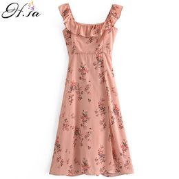 H.SA Women Floral Ruffles Long Pleated Sleeveless High Waist Mini Boho Pink Holiday Beach Dress 210417