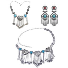 Earrings & Necklace Gypsy Vintage Coin Tassel Waist Chain Set Ancient Silver Metal Inlaid Blue Black Turquoise Bohemian Jewellery