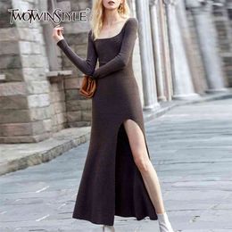 Casual Slim Women's Dresses Square Long Sleeve High Waist Side Split Ruched Dress For Female Fashion Clothing 210520
