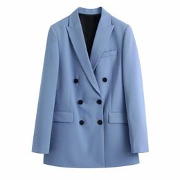 Spring Women Double Breasted Blue Casual Suit Coat Female Tailored Collar Long Sleeve Outerwear Lady Loose Tops C1086 Women's Suits & Blazer