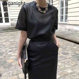 Women Short Sleeve Mesh Leather See-through Tops+High Waist Wrap Midi Skirts Suits Ladies Two Piece Set Ropa Femenina 210601