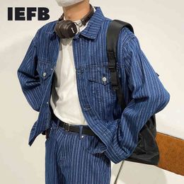 IEFB Men's Drak Blue Jackets Coat Harajuku Spring Fashion Striped Single Breast Denim Coat Men's Casual Menwear 9Y6219 210524