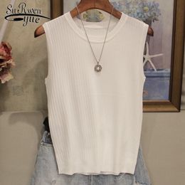 Summer Ice Silk Women's Shirt Solid Knitted Vest Sleeveless Wide Shoulder Strap Round Neck Joker Thin Women T 4588 50 210427