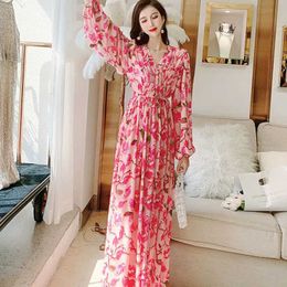 Beach Boho Woman Long DrV-Neck Long Sleeve Floral Printed Elegant Bohemia Maxi Dresses For Women Holiday Party Clothes Robes X0621