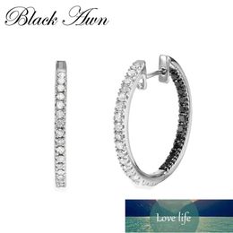 New Classic Black Awn 925 Sterling Silver Round Black Trendy Spinel Engagement Hoop Earrings for Women Fine Jewelry I181