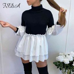 FSDA Turtleneck Long Puff Sleeve Dress Mini A Line Ruffles Women Casual Patchwork Club Black Autumn Winter Party Dresses 210329