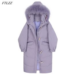 Winter Large Real Fox Fur Hooded Long Down Jacket Thick Purple Warm Ox Horn Buckle Outwear 90% White Duck Coat 210430