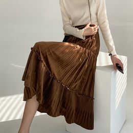 Spring High Waist Retro Solid Pleated Velvet Skirt Autumn Winter OL Elegant Fashion All-match Long Skirts Womens 210421