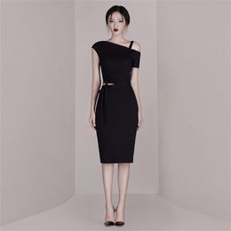 fashion elegant ladies one-shoulder off straps black dress women summer lace-up slim office OL vestidos ropa mujer 210603