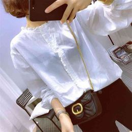Spring Autumn Korea Fashion Women Long Sleeve Loose White Shirts All-matched Casual O-neck Blouse Femme Cotton Tops S100 210512